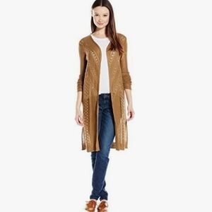ANGIE Boho Loose Knit Crotchet Longsleeve Open Front Duster Cardigan Tan Camel